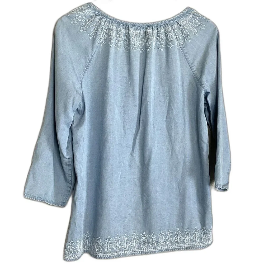 J Jill Denim Womens Chambray Embroidered Top Size M Blue Long Sleeve Tassel Boho - Picture 3 of 10